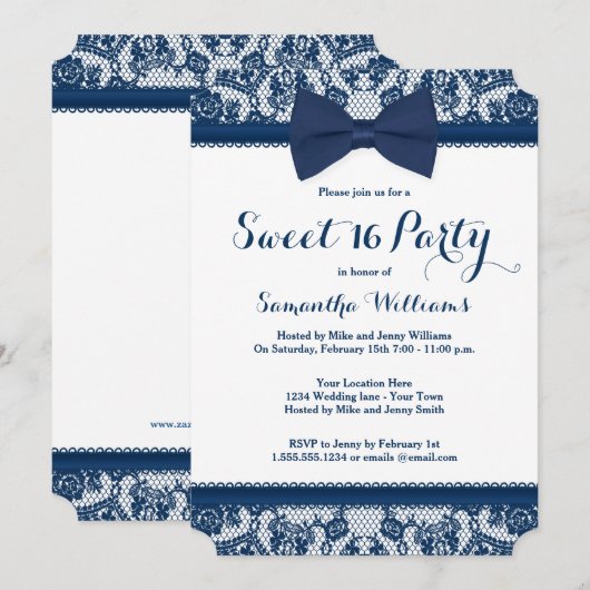 Navy Blue en White Lace Bow Sweet 16 Party Kaart (Voorkant / Achterkant)