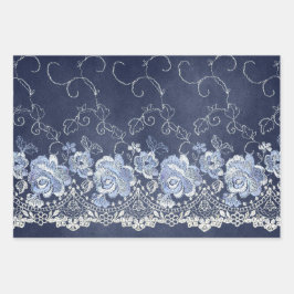 Navy Blue en White Lace Inpakpapier Vel