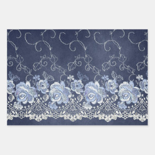 Navy Blue en White Lace Inpakpapier Vel