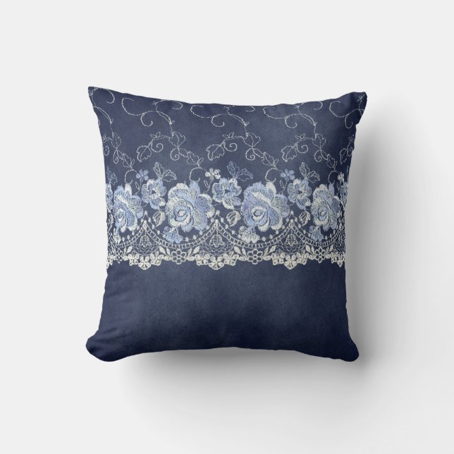 Navy Blue en White Lace Kussen (Voorkant)