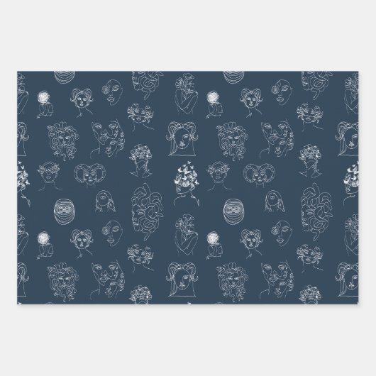 Navy Blue en White Lady Monster Line Art Inpakpapier Vel (Voorkant)