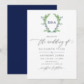 Navy Blue en White Laurel Crest Monogram Wedding Kaart (Voorkant / Achterkant)