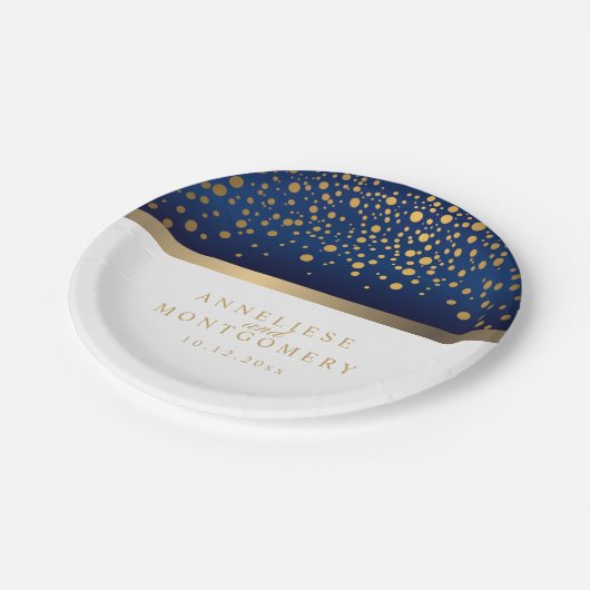Navy Blue en White met Gold Confetti Stippen Papieren Bordje (Gekanteld)