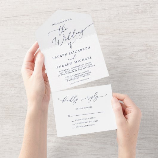 Navy Blue en White Minimalist Wedding All In One Uitnodiging (Afscheurbaar)