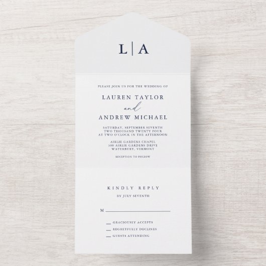 Navy Blue en White Minimalist Wedding All In One Uitnodiging (Binnen)