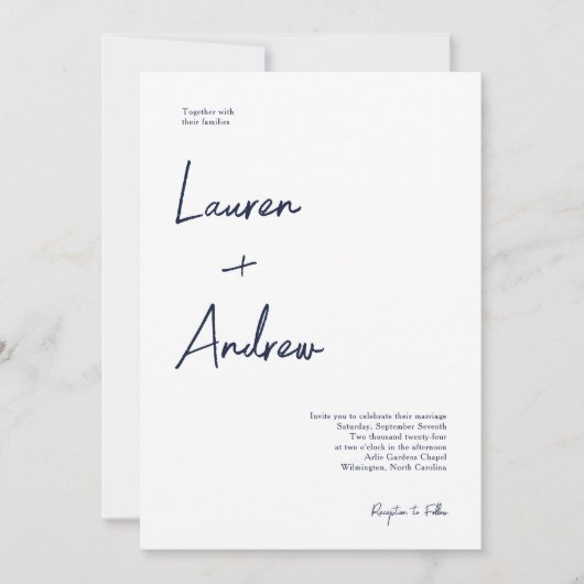 Navy Blue en White Modern minimalist Wedding Kaart (Voorkant)