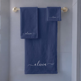 Navy Blue en White Modern Monogram Bad Handdoek