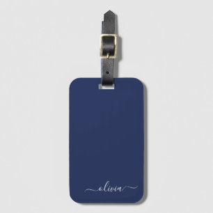 Navy Blue en White Modern Monogram Bagagelabel