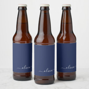 Navy Blue en White Modern Monogram Bier Etiket