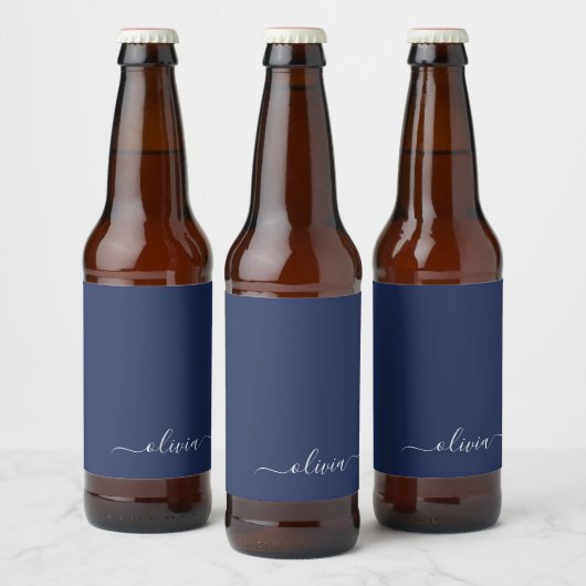 Navy Blue en White Modern Monogram Bier Etiket (Flessen)