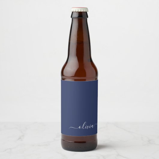 Navy Blue en White Modern Monogram Bier Etiket (Voorkant)