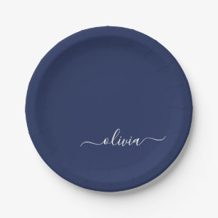 Navy Blue en White Modern Monogram Papieren Bordje