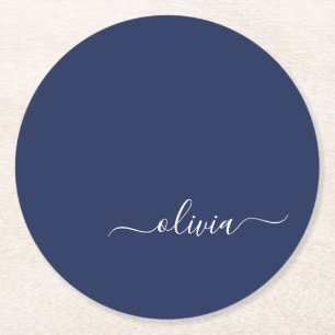 Navy Blue en White Modern Monogram Ronde Kartonnen Onderzetter