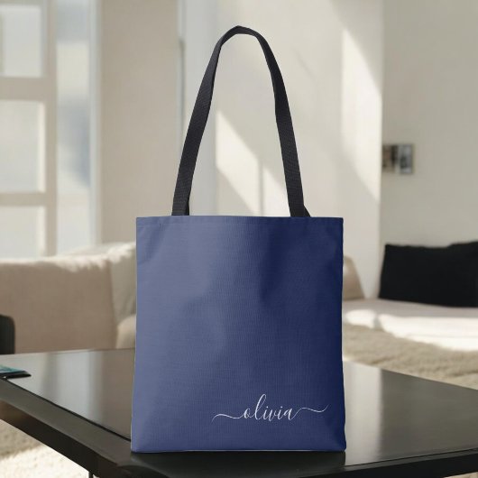 Navy Blue en White Modern Monogram Tote Bag