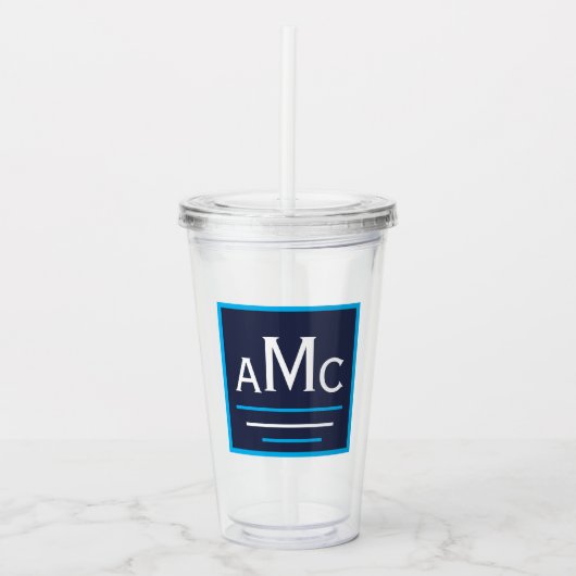 Navy Blue en White Monogram Acrylknollen Acryl Drinkbeker (Voorkant)
