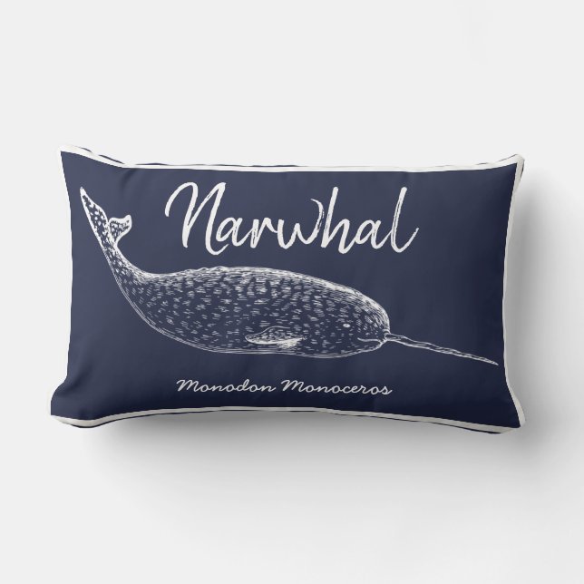 Navy Blue en White Narwhal Whale Kussen (Voorkant)