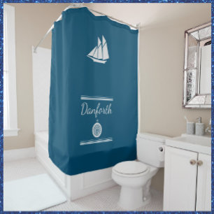 Navy Blue en White Nautical Douchegordijn