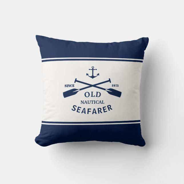 Navy Blue en White Nautical Label Sierkussen (Voorkant)