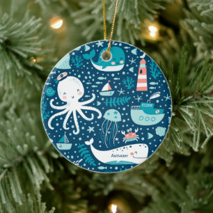 Navy Blue en White Nautical Ocean Boy Kerstmis Keramisch Ornament