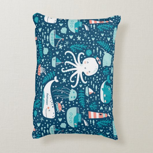 Navy Blue en White Nautical Ocean Pattern Boy Accent Kussen (Achterkant (Verticaal))