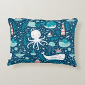 Navy Blue en White Nautical Ocean Pattern Boy Accent Kussen (Achterkant)