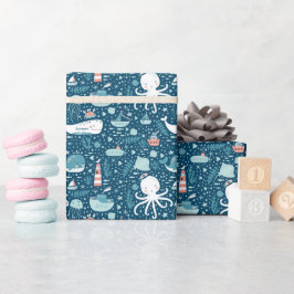 Navy Blue en White Nautical Ocean Pattern Boy Cadeaupapier