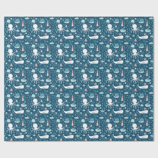Navy Blue en White Nautical Ocean Pattern Boy Cadeaupapier (Vlak)