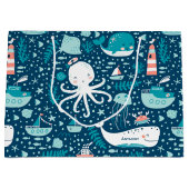 Navy Blue en White Nautical Ocean Pattern Boy Groot Cadeauzakje (Voorkant)