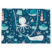 Navy Blue en White Nautical Ocean Pattern Boy Groot Cadeauzakje (Achterkant)