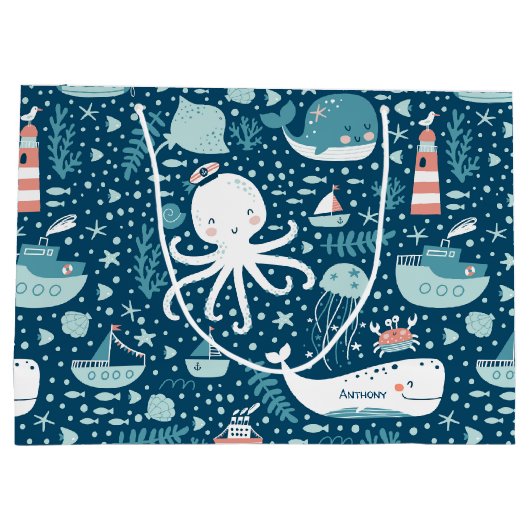 Navy Blue en White Nautical Ocean Pattern Boy Groot Cadeauzakje (Achterkant)
