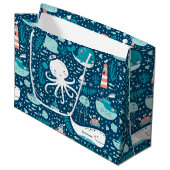 Navy Blue en White Nautical Ocean Pattern Boy Groot Cadeauzakje (Voorkant Gekanteld)