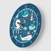 Navy Blue en White Nautical Ocean Pattern Boy Grote Klok (Hoek)