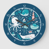Navy Blue en White Nautical Ocean Pattern Boy Grote Klok (Voorkant)