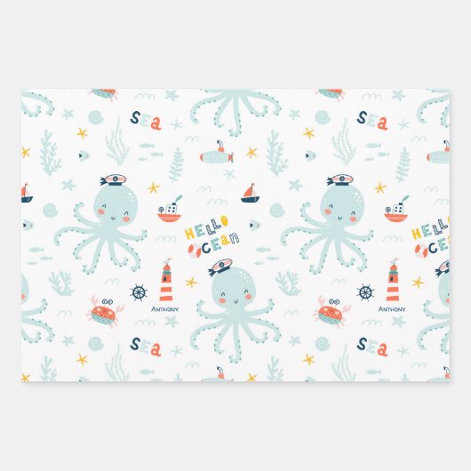 Navy Blue en White Nautical Ocean Pattern Boy Inpakpapier Vel (Voorkant 2)