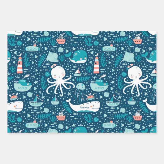 Navy Blue en White Nautical Ocean Pattern Boy Inpakpapier Vel (Voorkant)