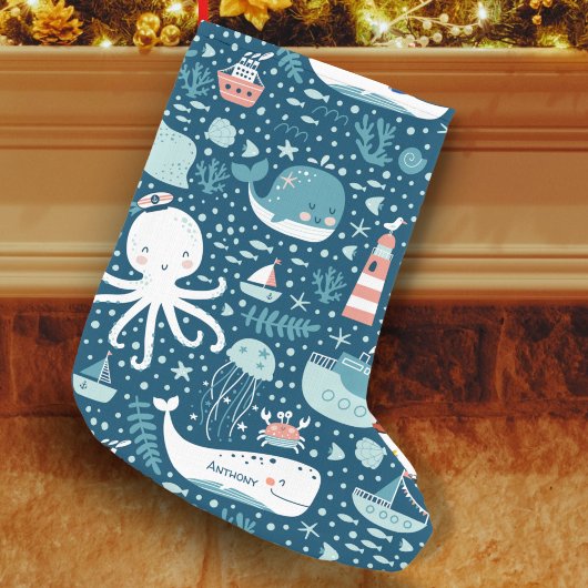 Navy Blue en White Nautical Ocean Pattern Boy Kleine Kerstsok