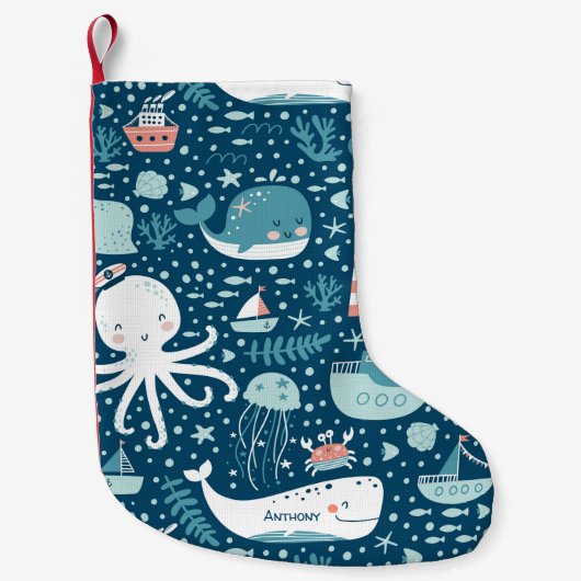 Navy Blue en White Nautical Ocean Pattern Boy Kleine Kerstsok (Voorkant)