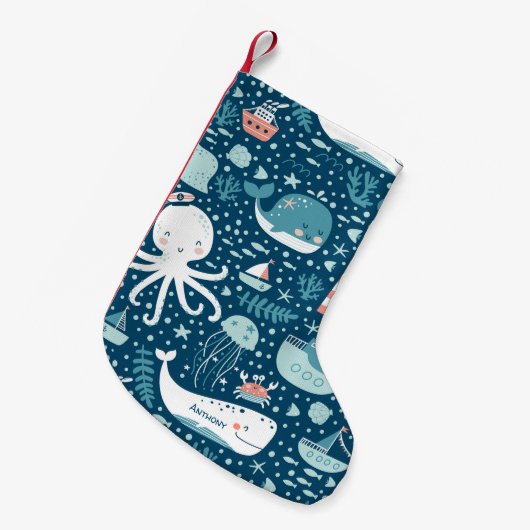 Navy Blue en White Nautical Ocean Pattern Boy Kleine Kerstsok (Voorkant (Hangend))