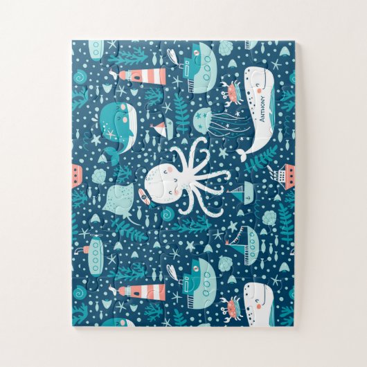Navy Blue en White Nautical Ocean Pattern Boy Legpuzzel (Verticaal)