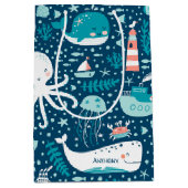 Navy Blue en White Nautical Ocean Pattern Boy Medium Cadeauzakje (Voorkant)