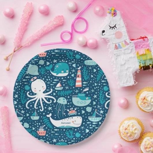 Navy Blue en White Nautical Ocean Pattern Boy Papieren Bordje (Feest)