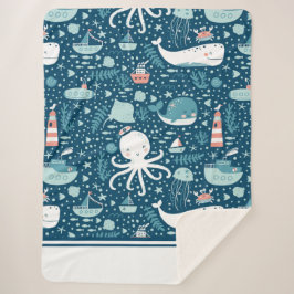 Navy Blue en White Nautical Ocean Pattern Boy Sherpa Deken