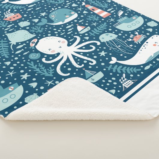 Navy Blue en White Nautical Ocean Pattern Boy Sherpa Deken (3/4)