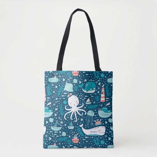 Navy Blue en White Nautical Ocean Pattern Boy Tote Bag (Voorkant)
