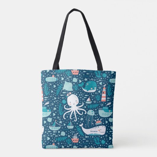 Navy Blue en White Nautical Ocean Pattern Boy Tote Bag (Achterkant)