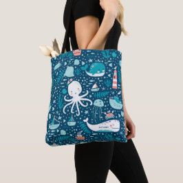 Navy Blue en White Nautical Ocean Pattern Boy Tote Bag
