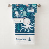 Navy Blue en White Nautical Pattern Boy Bathroom Bad Handdoek (Insitu)