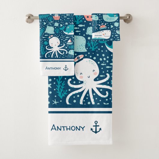 Navy Blue en White Nautical Pattern Boy Bathroom Bad Handdoek (Insitu)