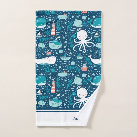 Navy Blue en White Nautical Pattern Boy Bathroom Bad Handdoek (Handdoek)