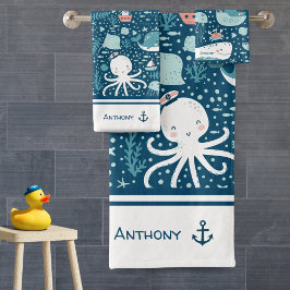 Navy Blue en White Nautical Pattern Boy Bathroom Bad Handdoek